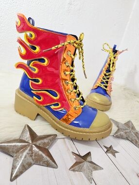 Cape Robbin Blazin' Glory flame boots red blue metallic lace up combat women's 9